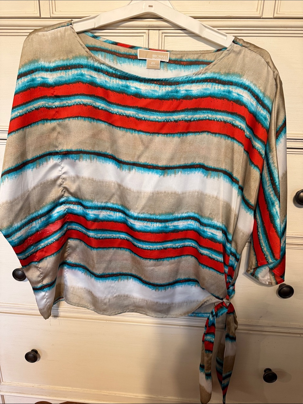 MICHAEL Michael Kors Red, Teal & Beige Striped Tie-Side Tunic